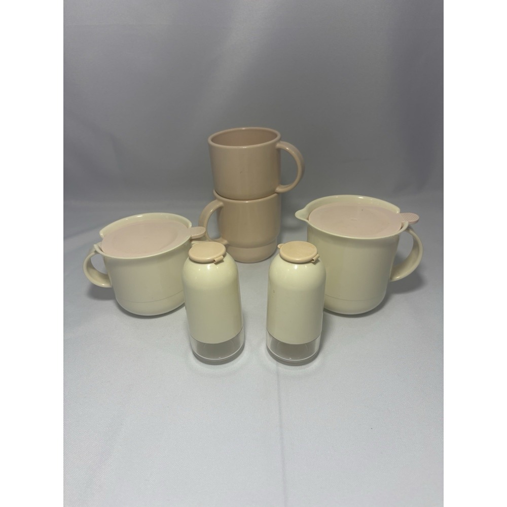 Vintage‎ Tupperware Sugar And Creamer Ivory W/ Pink Lids, Salt & Pepper, Mugs